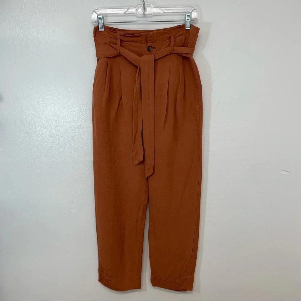 Madewell Linen Blend Paper Bag Pants Size 2  Orange Pockets Tie Waist Light